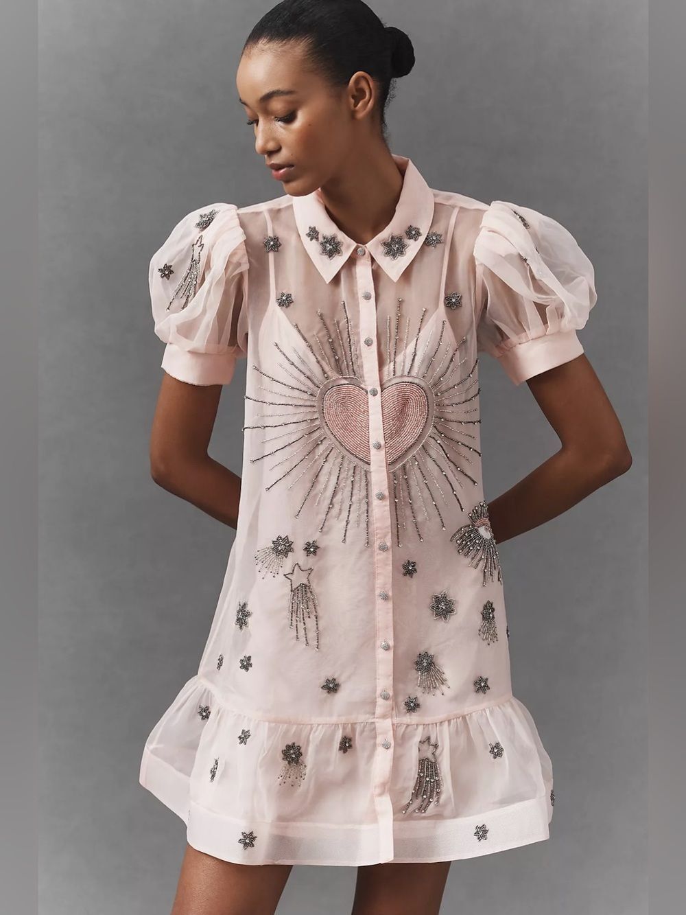 New Anthropologie Maeve Short-Sleeve Embellished Mini Shirt Dress Size L